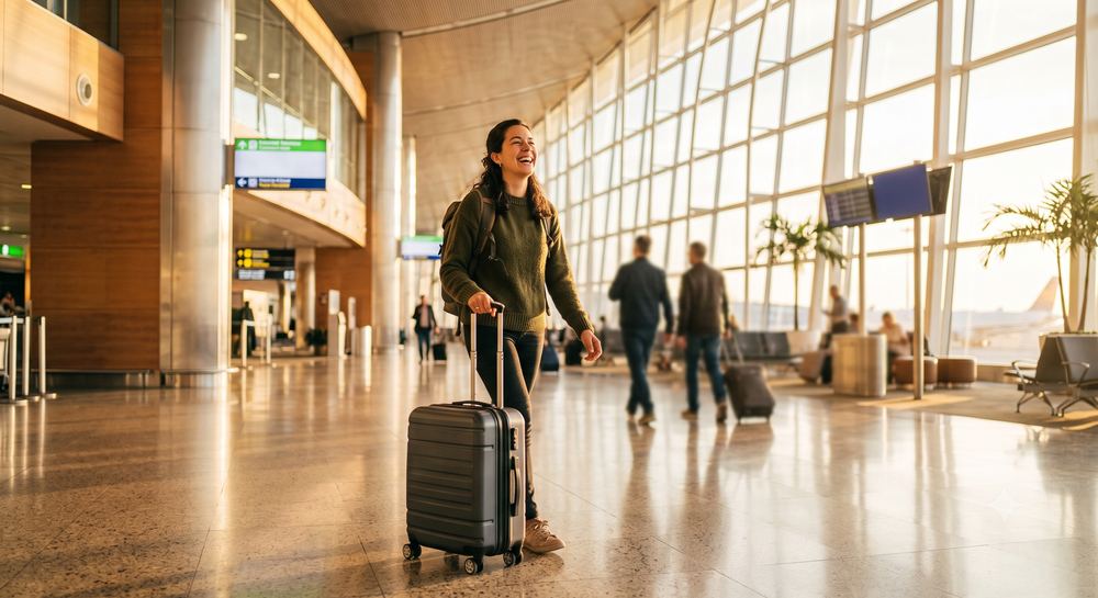 Viajante feliz em um aeroporto